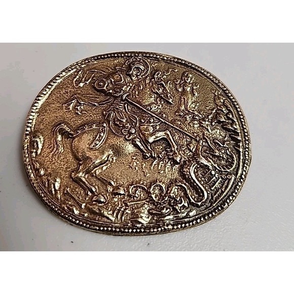 Vintage Saint George Slaying The Dragon Gold Medallion Pin Broach Collectible